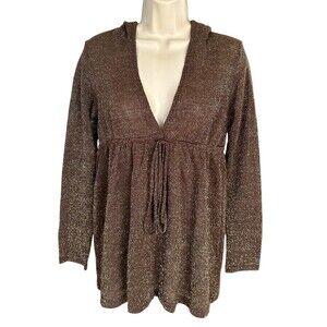Koton Women's Hooded Metallic Top V-Neck Wool Blend Size M Brown Gold